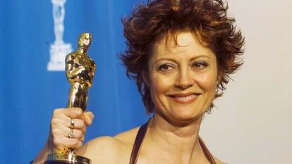 Susan Sarandon holding her Academy Award.