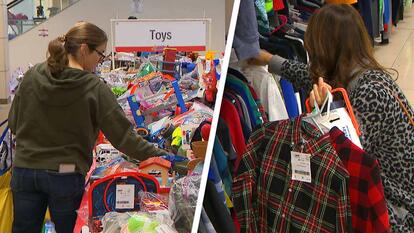 Woman picking a toy up off a table / Woman holding shirts while looking through a rack