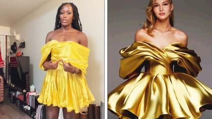 Anita Mwiruki with the dress she received and the dress that she thought she was going to receive.