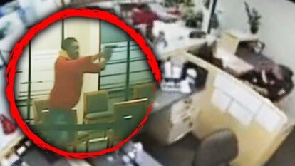 man points gun inside a red circle