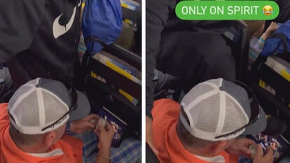 Passenger Stepping Over Man to Exit Plane 