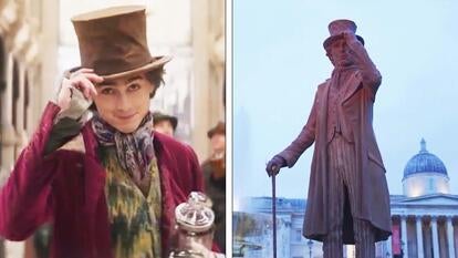 Timothée Chalomet as Willy Wonka/Chocolate Statue of Willy Wonka