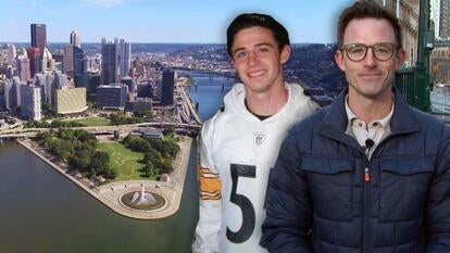 Pittsburgh skyline aerial view/Steven Fabian as teen in Steelers jersey/Steven Fabian as adult
