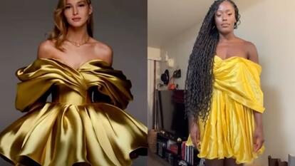 split image, on left: image of gold dress, on right: image of Anita Mwiruki wearing yellow dress