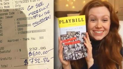 Photo of $500 tip / Clair Howell holding playbill
