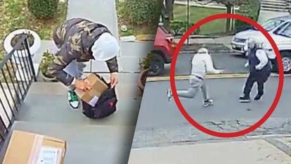 man puts package in bag / man stops suspected thief