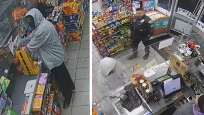 Robbery suspect at counter / officer in 7-Eleven