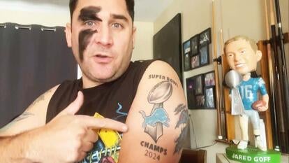 Detroit Lions fan with Super Bowl tattoo