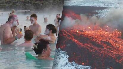 Lava flow from volcano/Bathers at Blue Lagoon