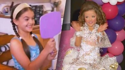 Child looking at herself in a hand mirror/Child on stage in heavy makeup and a gown.