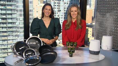 Megan Alexander and MorningSave representative stand in front of products