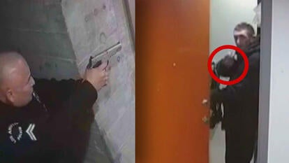 Officer pointing gun/Man holding gun behind door