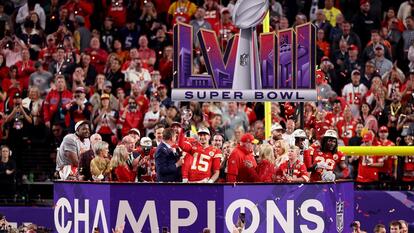 Patrick Mahomes #15 of the Kansas City Chiefs holds the Lombardi Trophy after defeating the San Francisco 49ers 25-22 in overtime during Super Bowl LVIII at Allegiant Stadium on February 11, 2024 in Las Vegas, Nevada