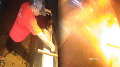 Man lighting pizza oven/Explosion in kitchen