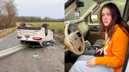 Split Image. On left: white car upside down on road with guard rail impaling it, on right: Kenzie sitting in her fathers car