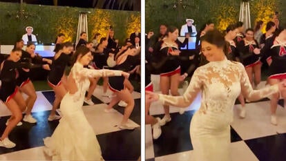 Bride Catey Thomson dances with her dance squad 