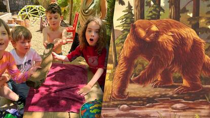 Split image of kids holding bone/rendering of giant sloth