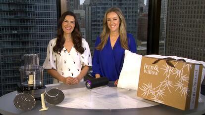 Megan Alexander and MorningSave representative stand in front of products