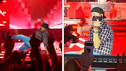 Luke Bryan slips on a cell phone and falls 