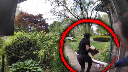Alleged porch pirate taking package