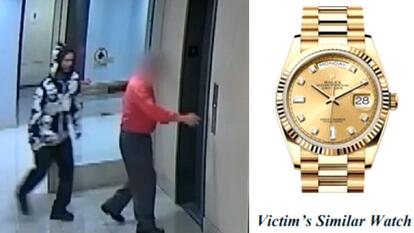 two men at elevator / Rolex watch