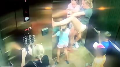 girl's hand stuck in elevator door