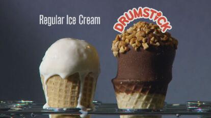 melted regular ice cream cone on left and unaffected Drumstick on right