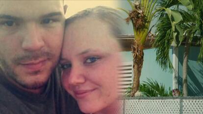 Picture of couple, palm trees outside a house