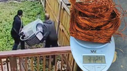 Two thieves carrying an outdoor A/C unit from under a home's porch / Copper wire coiled on a scale