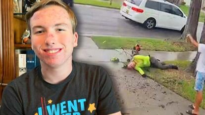 Teen smiling in an interview / Teen laying on the ground in a yard next to yardwork equipment