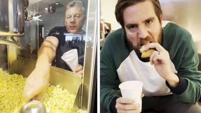 Two passengers stuff their faces at a Delta Airlines lounge