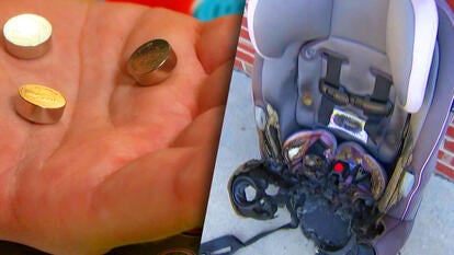 Hand holding 3 circular lithium batteries / Burned car seat