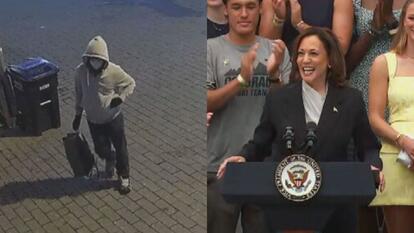on left: image of pipe bomb suspect wearing hooded sweatshirt and face mask, on right: image of Kamala Harris