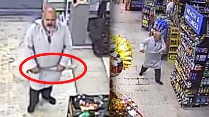 Man holding machete and using it to damage store products
