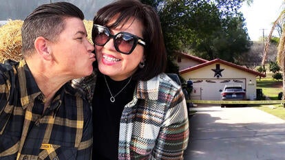 Woman kissing woman on the cheek, Police tape in front of house