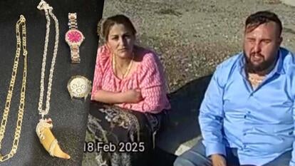 Necklaces and watches, Woman and man sitting on the ground