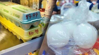 Egg cartons with high prices, eggs in a plastic bag