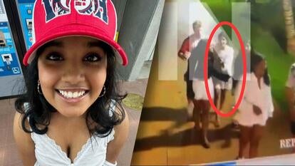 Social media photo of Sudiksha Konanki smiling into camera / Surveillance footage of Sudiksha Konanki walking with a group