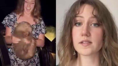 Woman holding a wombat at night / Image of the same woman on social media apologizing 