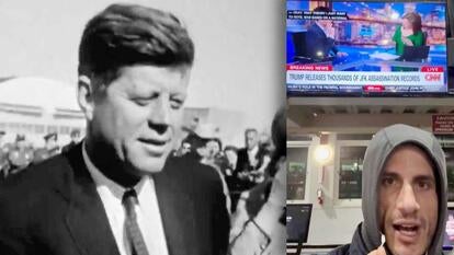 Black and white photo of JFK / Image of Jack Schlossberg speaking into camera