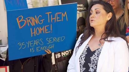 Protest sign reading "bring them home" / Menendez Brothers' cousin speaking