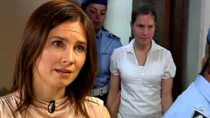 Amanda Knox at 37 / younger Amanda Knox being lead into court