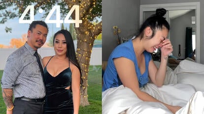 Linda Tran and her fiance, Chris; Linda crying in bed after Chris’ passing