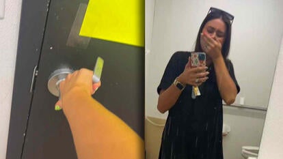 Arm turning door handle / Woman taking a selfie in the bathroom mirror covering her mouth