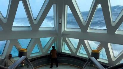 Person standing in front of ship windows as 40-foot waves crash