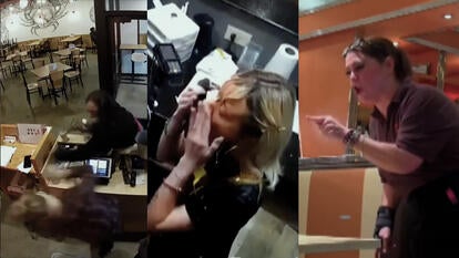 Person slapping cashier, cashier with soup in her face, waitress yells at rude customer