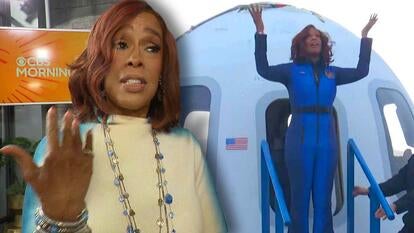 Gayle King speaking / Gayle King exiting the landing capsule after going to space