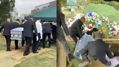 Pallbearers carrying a casket to a grave / Pallbearers and the casket falling into a pit