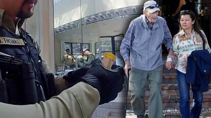 Police examining a pill bottle / Gene Hackman walking with his wife