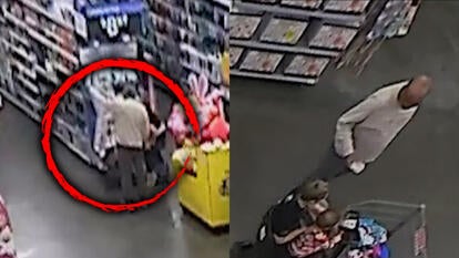 Store surveillance footage of a woman, man and child